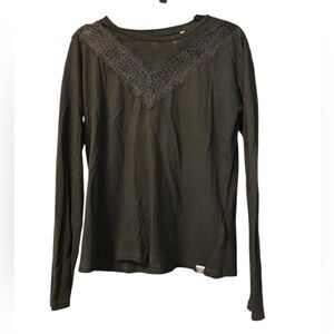 Superdry Black Knit Shirt V Neck Lace Detail Long Sleeve Tee Size 6